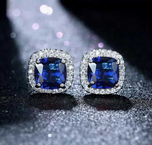 14K White Gold Plated Cushion Cut Square Blue Cubic Zirconia Men Women Earrings